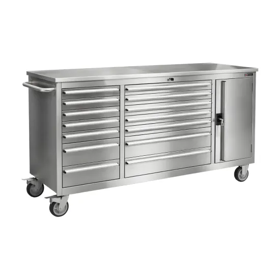 RETTER Edelstahl RS6 Werkstattwagen XXL 194 cm - Fahrbare Werkbank mit 14 Schubladen und Schrankfach 1940 x 515 x 1045 mm – Produktansicht auf weißem Hintergrund