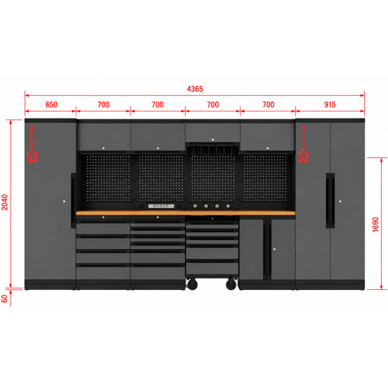 Preview: RETTER Werkstatt Set RT-2000 - 30 Teile mit Massivholzplatte und Lochwand 4365 x 560 x 2040 mm - Werkstatteinrichtung RT-P30H436