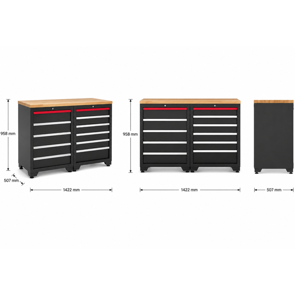 RETTER Werkstatt-Schrankkombination 1422 x 507 x 958 mm mit Massivholz-Arbeitsplatte RTP3H14