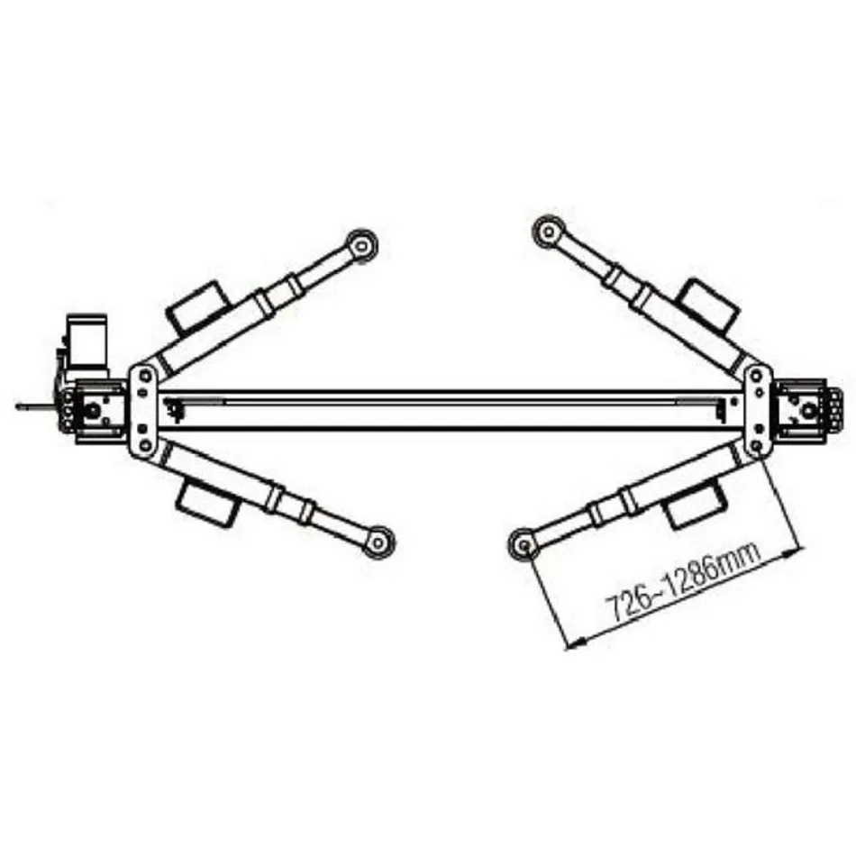 Maßzeichnung der RETTER RH-4500BF Tragarme in Draufsicht mit 726–1.286 mm Armlänge