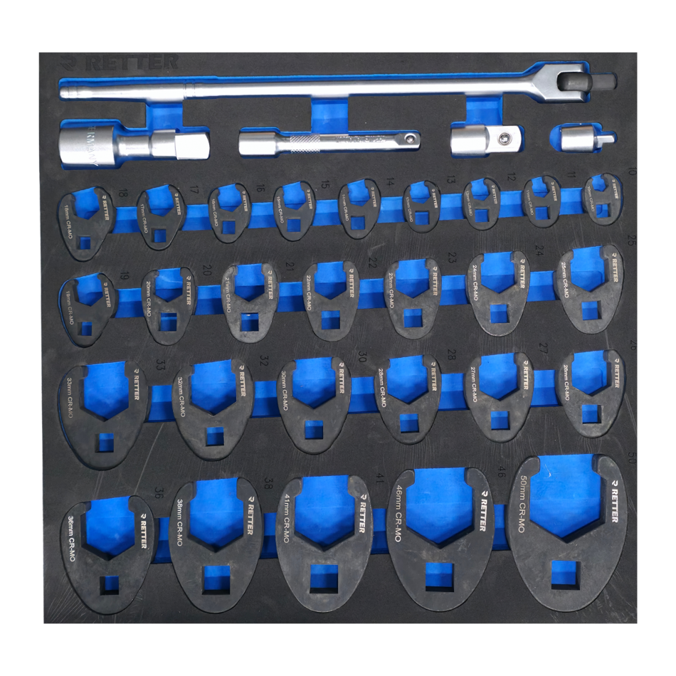 32-teiliges Profi Krähenfuß-Spezialschlüssel-Set (Crowfoot Flare Nut Wrench Set) – 3/8", 1/2" & 3/4" Antrieb - RETTER Spezialwerkzeug