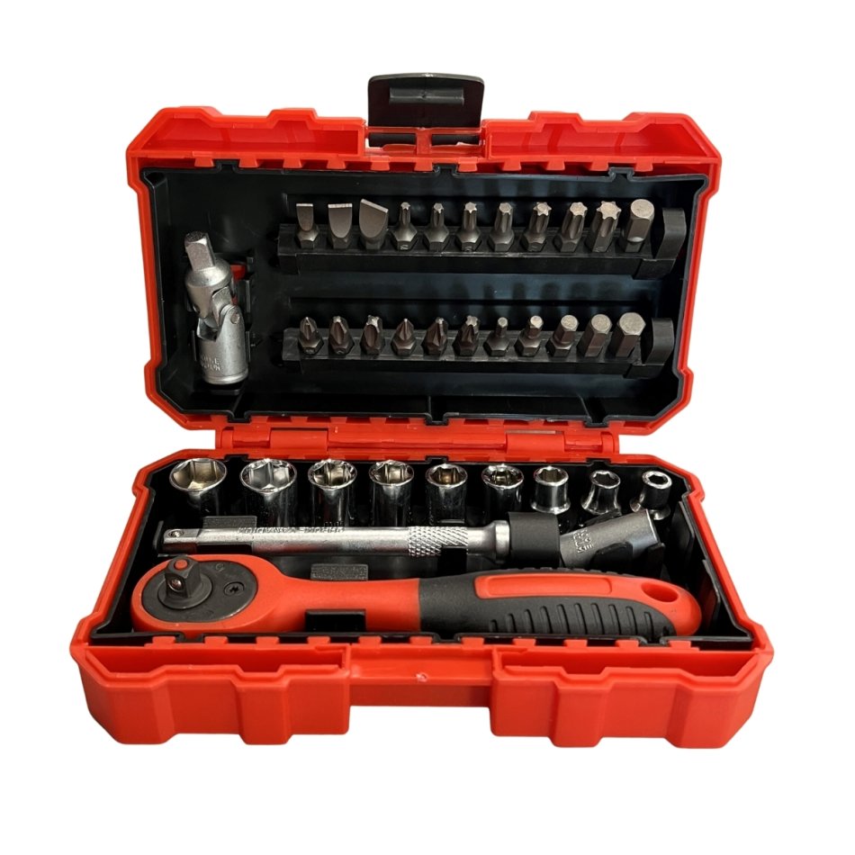 RETTER 35-teiliger 1/4" Steckschlüssel- und Bit-Ratschenkasten | Mini Ratsche mit Stecknüssen, Bits und Verlängerung – für Auto, Werkstatt & Heimgebrauch