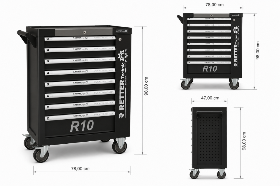 Werkzeugwagen R10 mit Werkzeug 394-tlg. | 8 Schubladen - RETTER Werkstattwagen Black Edition