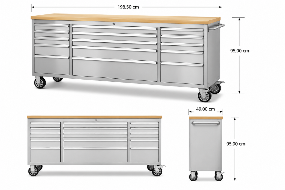 RS1 Edelstahl Workstation mit 15 Schubladen