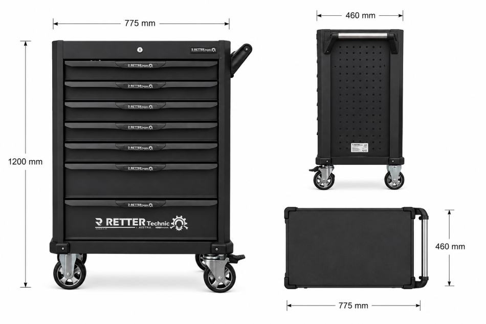 Werkzeugwagen mit Werkzeug 324-tlg. | RETTER R9 - 7 Schubladen mit Bestückung und robuster Holz-Arbeitsplatte.
