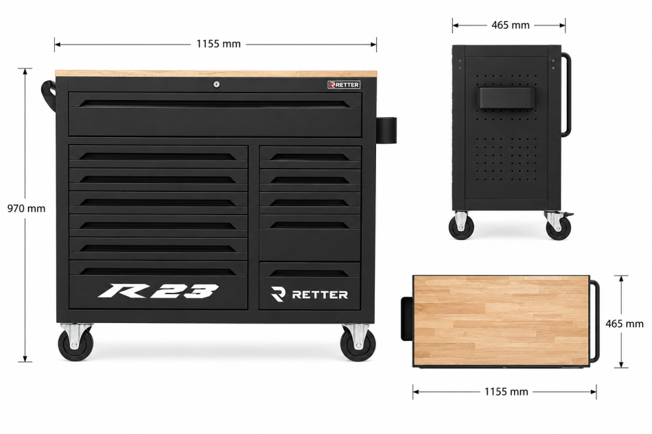 Restposten / B-Ware - RETTER Werkzeugwagen R23 inkl. 372 Werkzeuge, Alu-Einlagen, Holzplatte, 12V Akku Schlagschrauber und Akku Ratsche