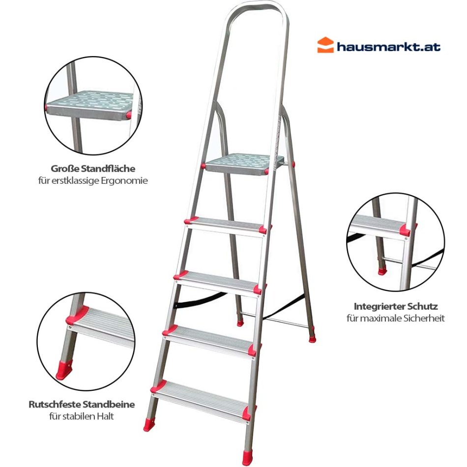 5-Stufen-Aluleiter 1490 x 920 x 450 mm - mit Sicherheitsbügel - HAUSMARKT