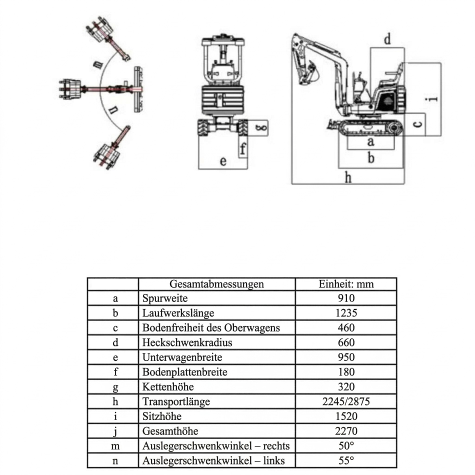 NEU Rhinoceros KS10-8 Mini-Bagger - Kompakt, leistungsstark 10 PS Maße
