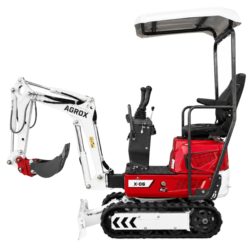 AGROX Austria Edition X-06 Benzin-Minibagger 640 kg mit Schaufelpaket – kompakter Kettenbagger mit Loncin G300FA Motor, Schutzdach