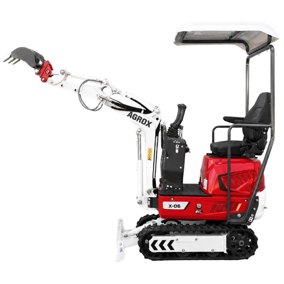 AGROX Austria Edition X-06 Benzin-Minibagger 640 kg mit Schaufelpaket – kompakter Kettenbagger mit Loncin G300FA Motor, Schutzdach