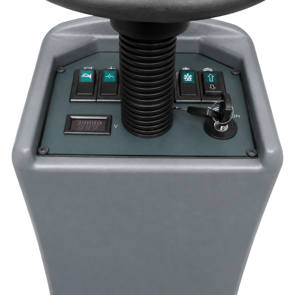Aufsitz-Kehrmaschine 1250 mm – Akku-Kehrmaschine 2,2 kW mit 80 l Kehrgutbehälter und Sprühsystem