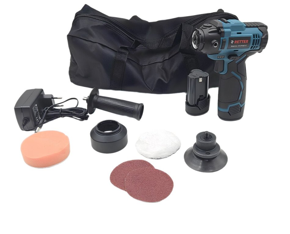 12V Akku-Poliermaschine 75mm | 2-Gang-Getriebe | RETTER Cordless Polisher ATA-P01B2117 Rotationspolierer inkl. Polierpads und Zubehör