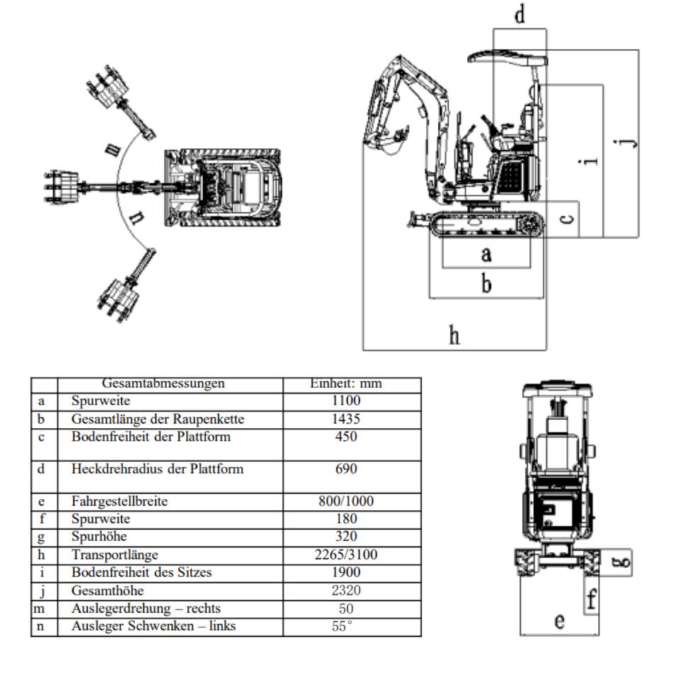 Rhinoceros XN13 Pro Diesel 1.3 t Minibagger - 14 PS, 3 Zylinder mit Kubota D722 Dieselmotor und Lastdruck-Meldesystem