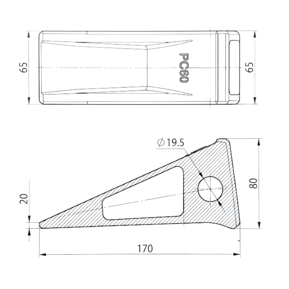 Baggerzahn PC60 für Minibagger, hochverschleißfester Löffelzahn 170 mm