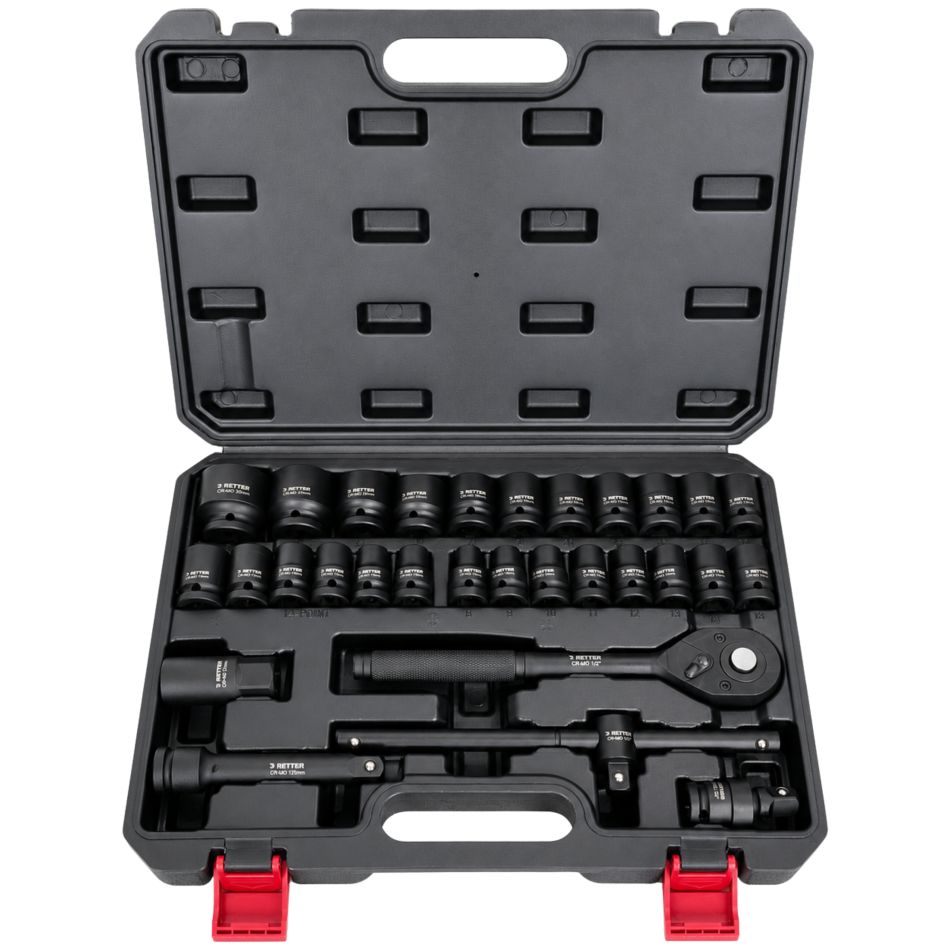 RETTER 30-tlg. 1/2" Schlagschrauber-Tiefnuss-Satz – Kraft-Steckschlüssel-Satz aus CrMo-Stahl im Systemkoffer