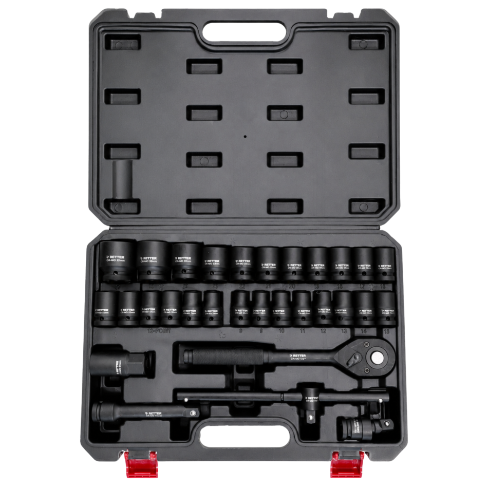 RETTER 30-tlg. 1/2" Schlagschrauber-Tiefnuss-Satz – Kraft-Steckschlüssel-Satz aus CrMo-Stahl im Systemkoffer