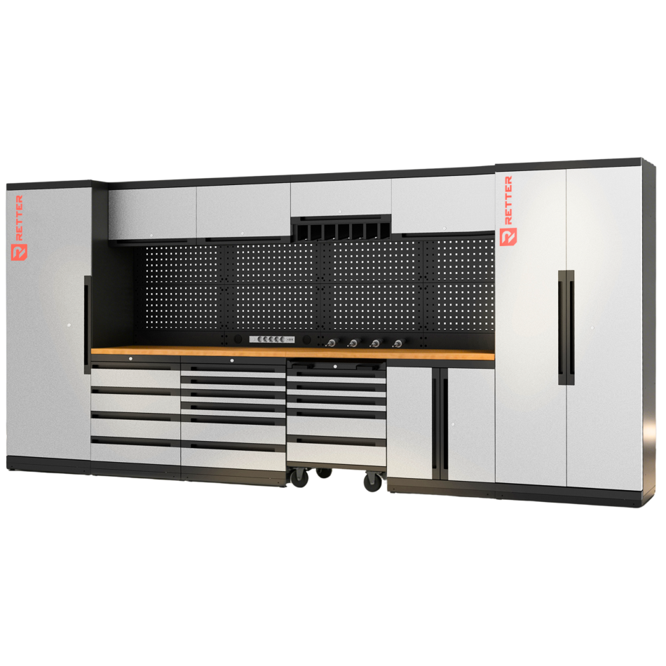 RETTER Werkstatt Set RT-2000 - 30 Teile mit Massivholzplatte und Lochwand 4365 x 560 x 2040 mm - Werkstatteinrichtung RT-P30H436