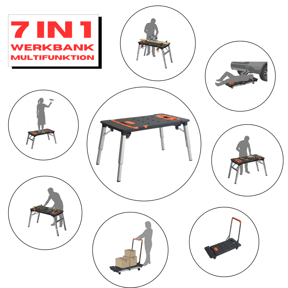 RETTER 7-in-1 Multifunktions-Werkbank,Transportwagen, klappbar, Mobil und höhenverstellbar- bis 250 kg Tragkraft
