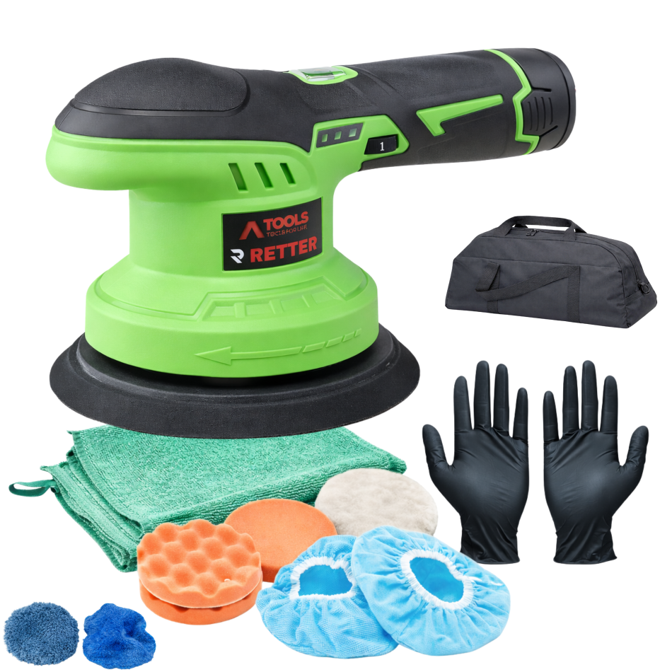 RETTER 12V Akku Exzenter Poliermaschine 150mm 6-Stufen inkl. Zubehör Set