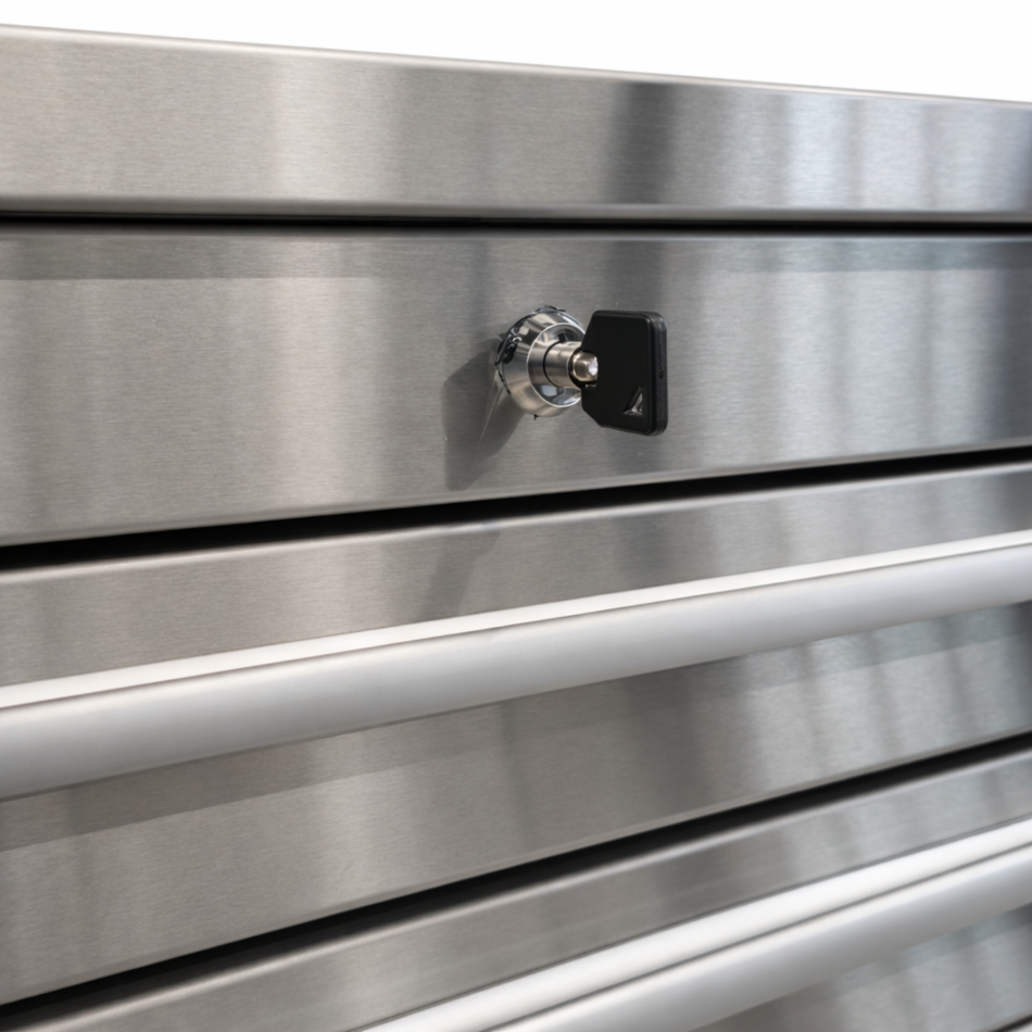 RETTER Edelstahl RS6 Werkstattwagen XXL 194 cm - Fahrbare Werkbank mit 14 Schubladen und Schrankfach 1940 x 515 x 1045 mm