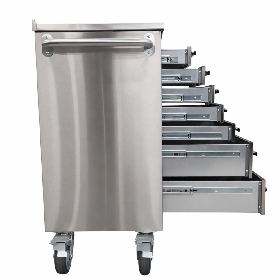 RETTER Edelstahl RS6 Werkstattwagen XXL 194 cm - Fahrbare Werkbank mit 14 Schubladen und Schrankfach 1940 x 515 x 1045 mm