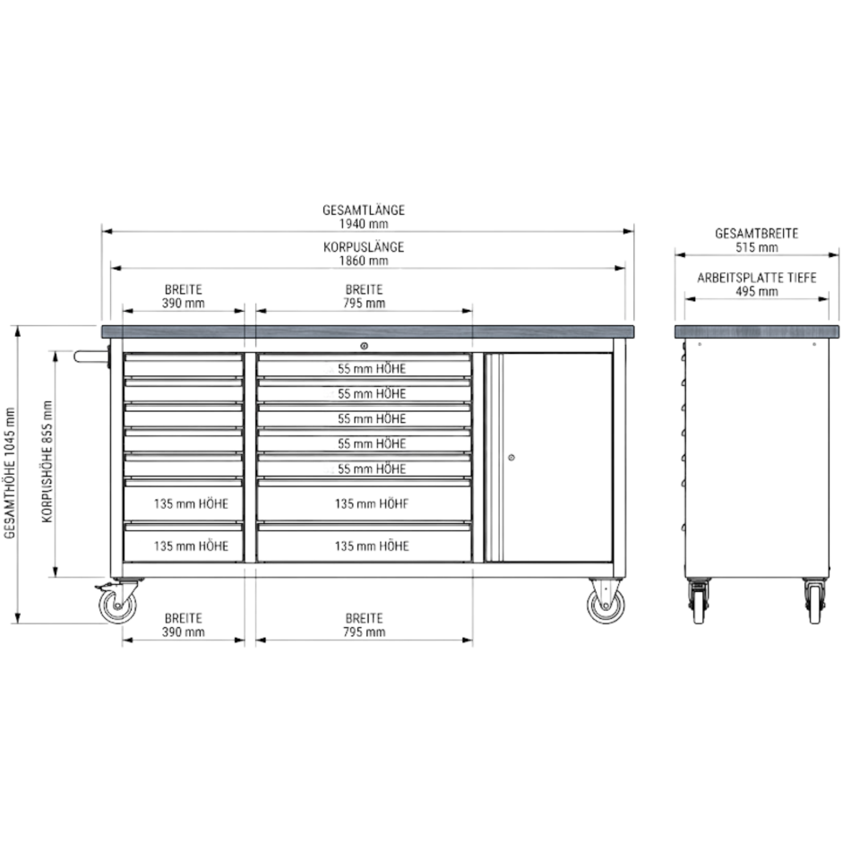 RETTER Edelstahl RS6 Werkstattwagen XXL 194 cm - Fahrbare Werkbank mit 14 Schubladen und Schrankfach 1940 x 515 x 1045 mm