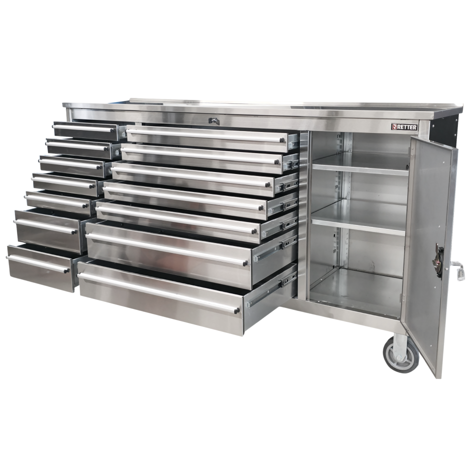 RETTER Edelstahl RS6 Werkstattwagen XXL 194 cm - Fahrbare Werkbank mit 14 Schubladen und Schrankfach 1940 x 515 x 1045 mm