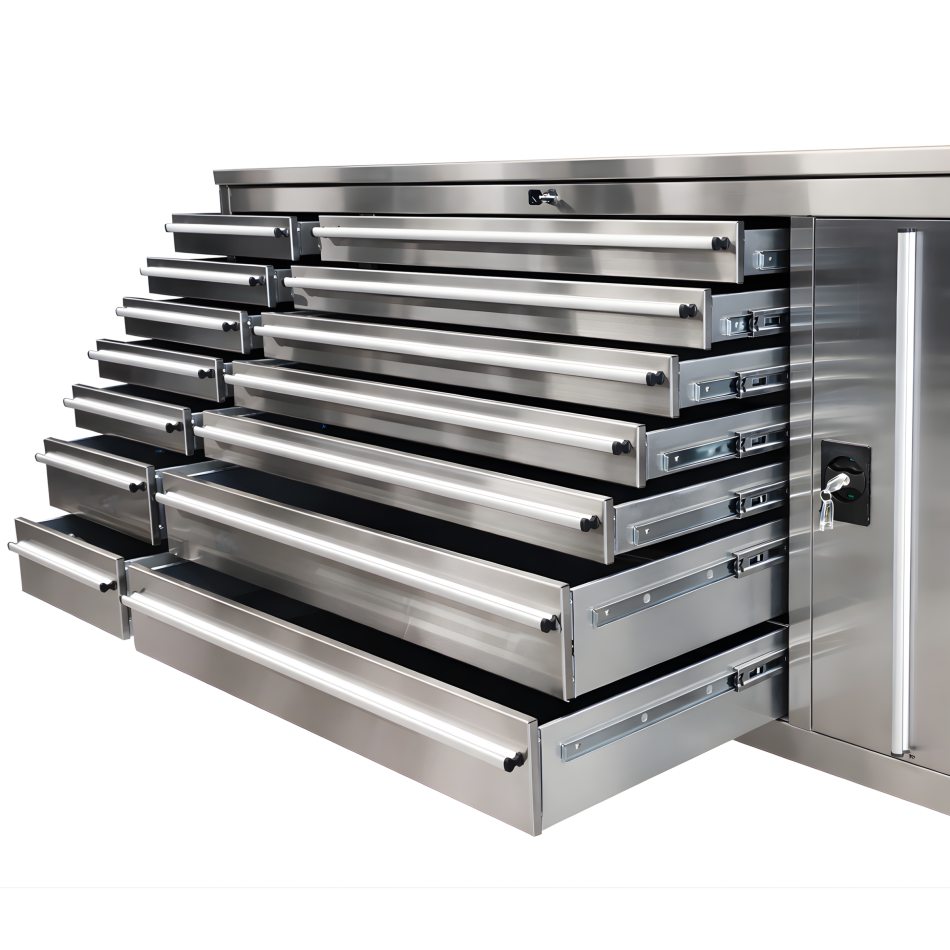 RETTER Edelstahl RS6 Werkstattwagen XXL 194 cm - Fahrbare Werkbank mit 14 Schubladen und Schrankfach 1940 x 515 x 1045 mm