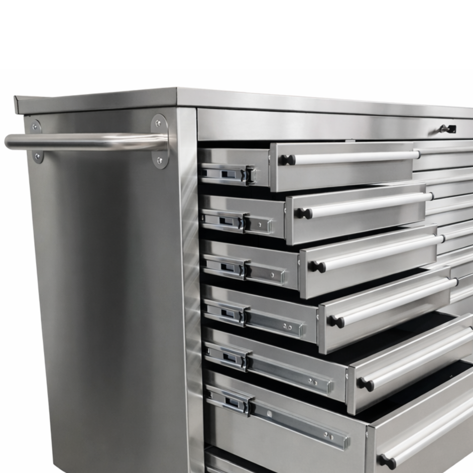 RETTER Edelstahl RS6 Werkstattwagen XXL 194 cm - Fahrbare Werkbank mit 14 Schubladen und Schrankfach 1940 x 515 x 1045 mm
