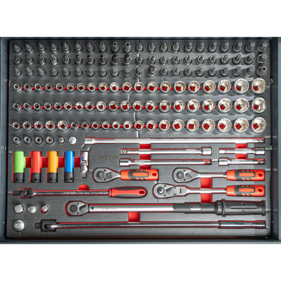 R12 - 8 Schubladen bestückt | Premiumqualität RETTER - Chrom-Vanadium-Werkzeugset 698-tlg.