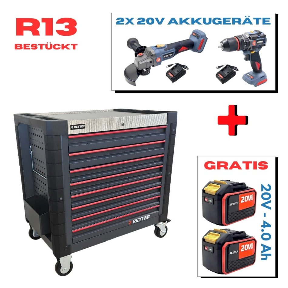 Mobiler Werkzeugwagen R13 - 8 Schubladen | Premiumqualität RETTER - Chrom-Vanadium-Werkzeugset