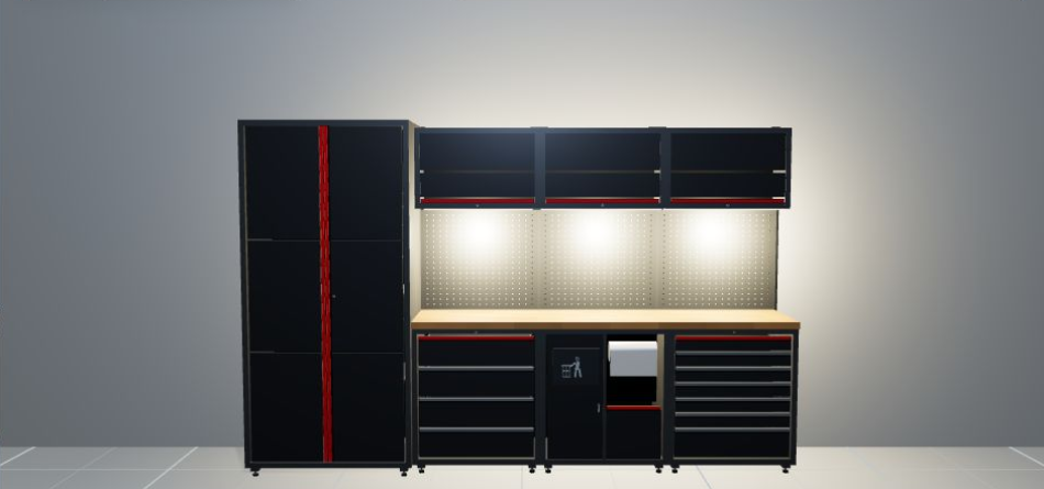 Ansicht mit eingeschalteter LED-Beleuchtung der RETTER Premium Werkstatteinrichtung RT-P11H30 mit Holzarbeitsplatte – 3D-Darstellung