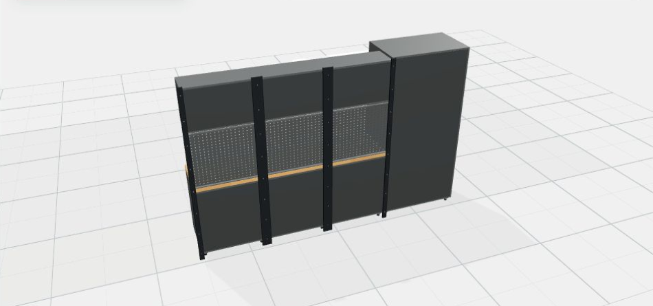 Rückansicht der RETTER Premium Werkstatteinrichtung RT-P11H30 mit Holzarbeitsplatte – 3D-Darstellung