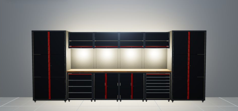Ansicht mit eingeschalteter LED-Beleuchtung der RETTER Premium Werkstatteinrichtung RT-P16H47 mit Holzarbeitsplatte – 3D-Darstellung