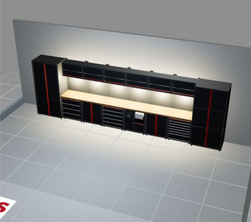 Ansicht mit eingeschalteter LED-Beleuchtung der RETTER Premium Werkstatteinrichtung RT-P23H61 mit Holzarbeitsplatte – 3D-Darstellung