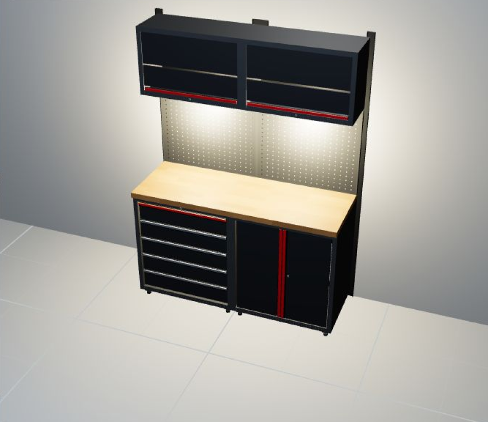 Ansicht mit eingeschalteter LED-Beleuchtung der RETTER Premium Werkstatteinrichtung RT-P7H14 mit Holzarbeitsplatte – 3D-Darstellung