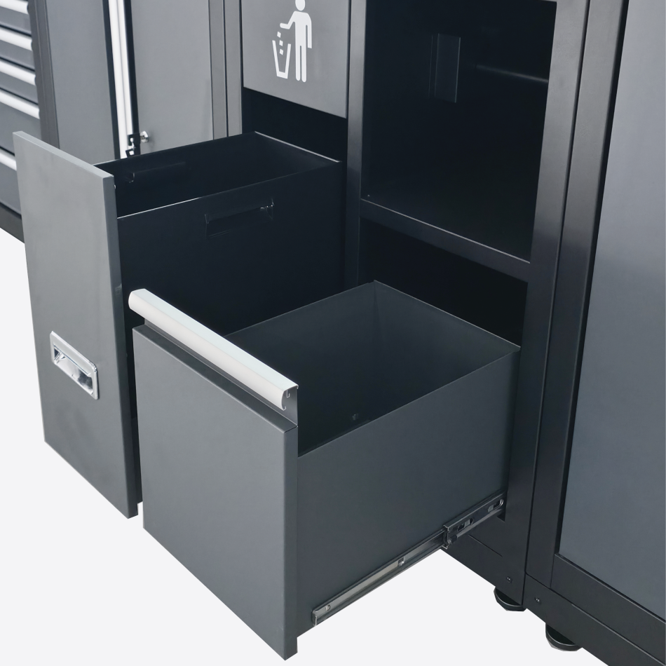 RETTER Werkstatteinrichtung RTX-0900 16-tlg Schranksystem 0,8 mm Stahl mit LED-Beleuchtung und Edelstahlarbeitsplatte 2955 x 525 x 1990 mm