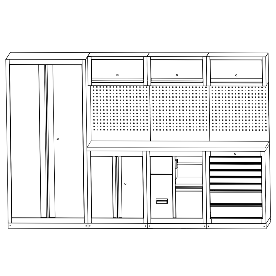 RETTER Werkstatteinrichtung RTX-0900 16-tlg Schranksystem 0,8 mm Stahl mit LED-Beleuchtung und Edelstahlarbeitsplatte 2955 x 525 x 1990 mm