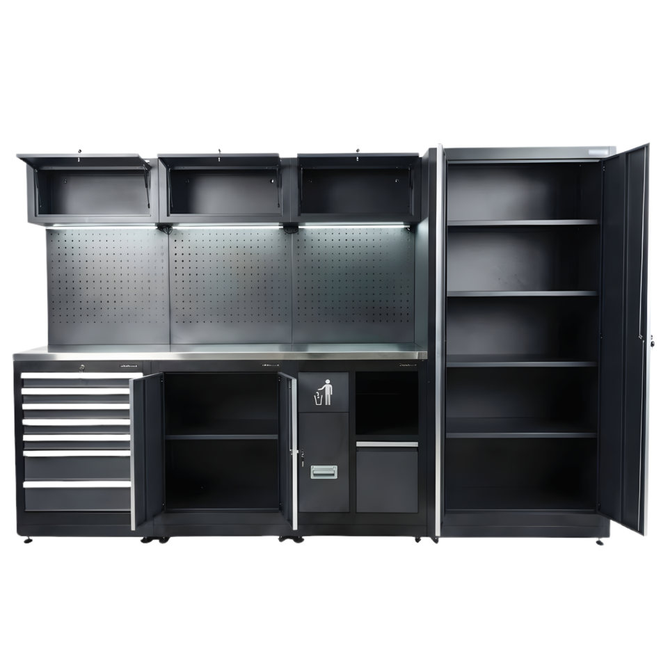 RETTER Werkstatteinrichtung RTX-0900 16-tlg Schranksystem 0,8 mm Stahl mit LED-Beleuchtung und Edelstahlarbeitsplatte 2955 x 525 x 1990 mm