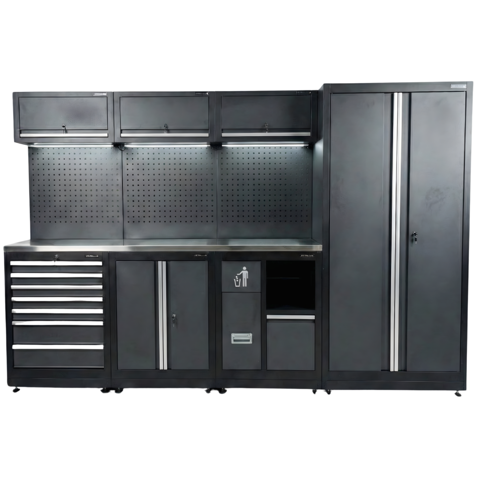 RETTER Werkstatteinrichtung RTX-0900 16-tlg Schranksystem 0,8 mm Stahl mit LED-Beleuchtung und Edelstahlarbeitsplatte 2955 x 525 x 1990 mm