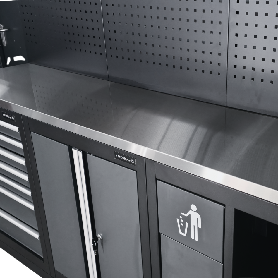 RETTER Werkstatteinrichtung RTX-0900 16-tlg Schranksystem 0,8 mm Stahl mit LED-Beleuchtung und Edelstahlarbeitsplatte 2955 x 525 x 1990 mm