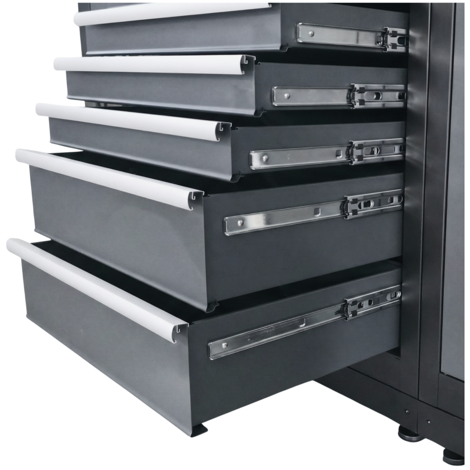 RETTER Werkstatteinrichtung RTX-0900 16-tlg Schranksystem 0,8 mm Stahl mit LED-Beleuchtung und Edelstahlarbeitsplatte 2955 x 525 x 1990 mm