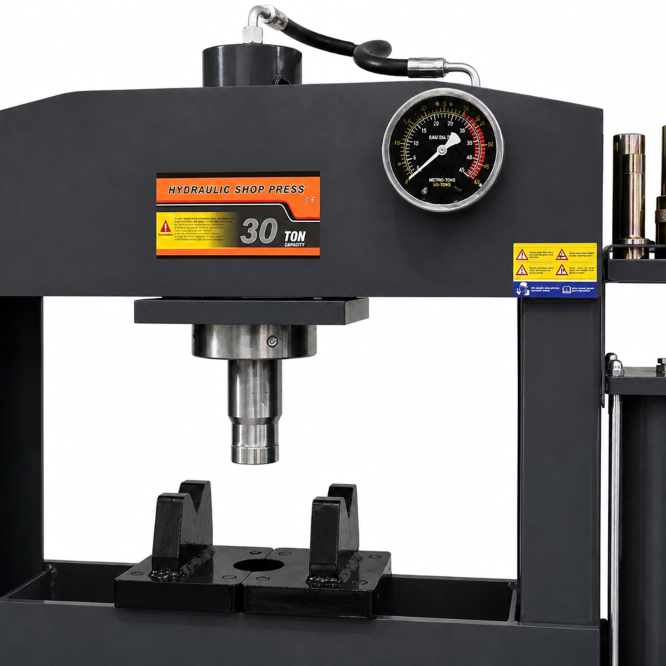 RETTER Profi Werkstattpresse hydraulisch pneumatisch 30 Tonnen RTP-30A mit Druckdornsatz 7-teilig und Manometer