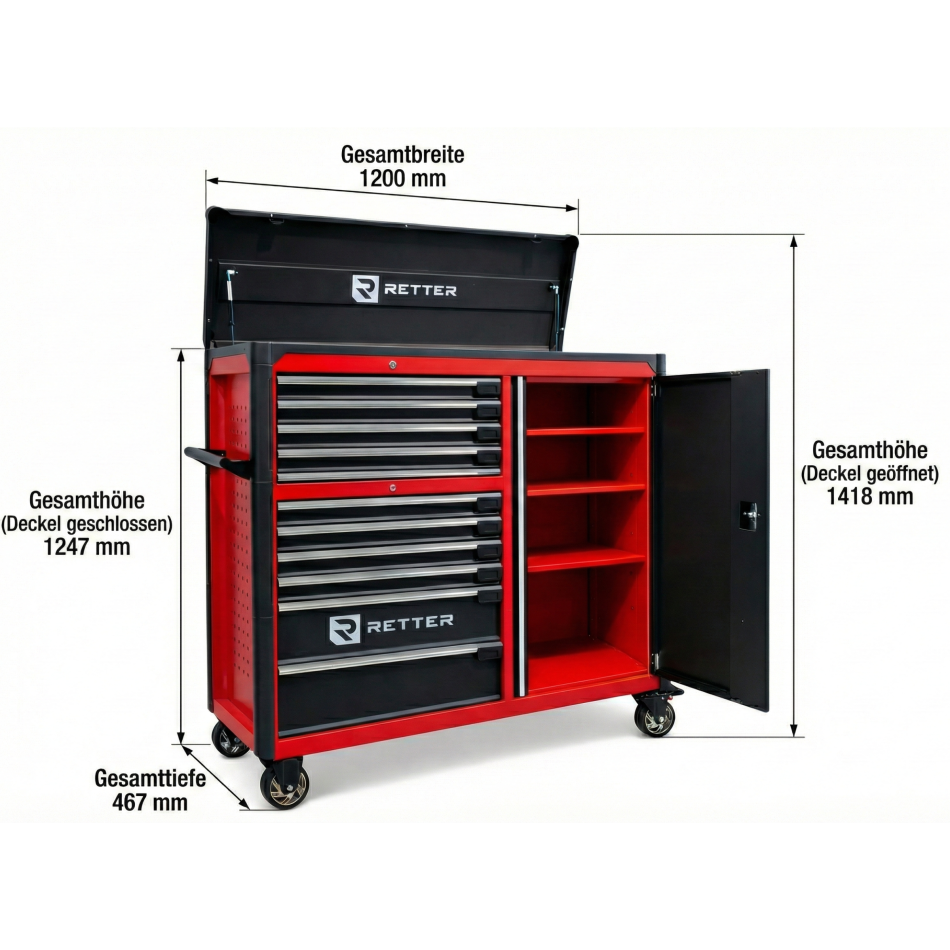 RETTER Werkstattwagen 10 Schubladen + Seitenschrank - Rollwagen 1200 mm mit Interlock System R3410XXL