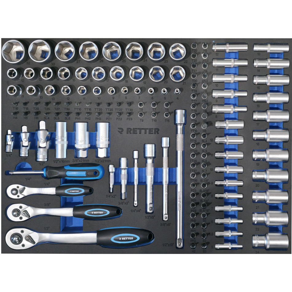 RETTER RS7 Werkstattwagen 402-tlg - 7 Schubladen Werkzeugwagen mit Edelstahl-Arbeitsplatte, Türfach und Vollauszug