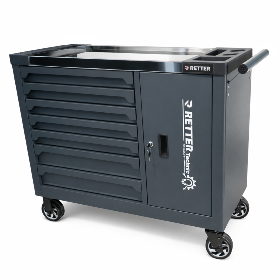 RETTER RS7 Werkstattwagen 402-tlg - 7 Schubladen Werkzeugwagen mit Edelstahl-Arbeitsplatte, Türfach und Vollauszug