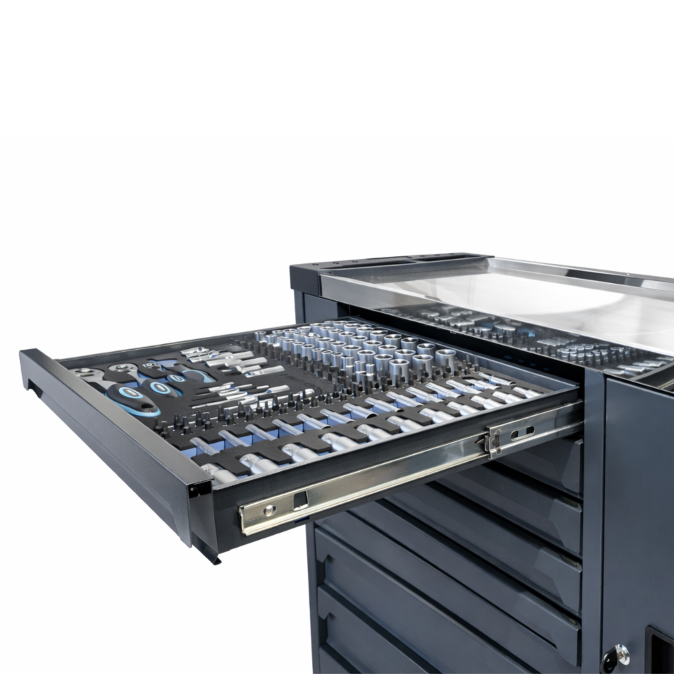 RETTER RS7 Werkstattwagen 402-tlg - 7 Schubladen Werkzeugwagen mit Edelstahl-Arbeitsplatte, Türfach und Vollauszug