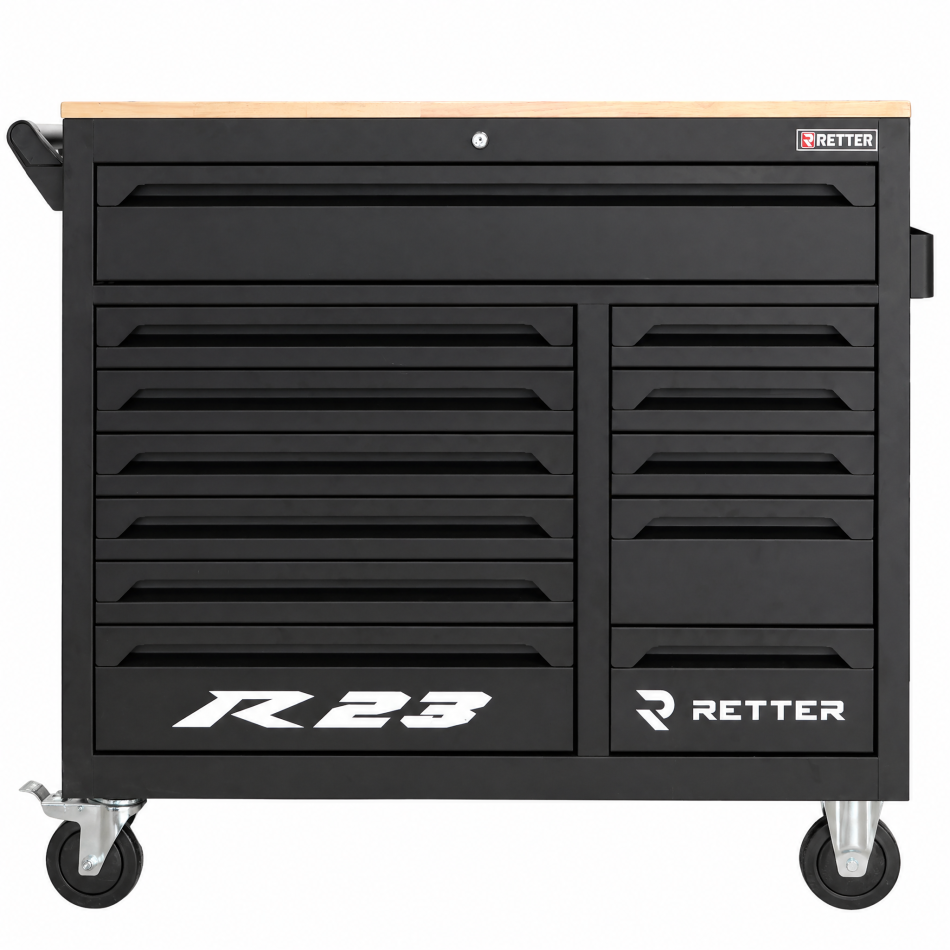 RETTER Werkzeugwagen R23 inkl. 372 Werkzeuge und VDE-Werkzeug, Alu-Einlagen, Holzplatte, 12V Akku Schlagschrauber und Akku Ratsche