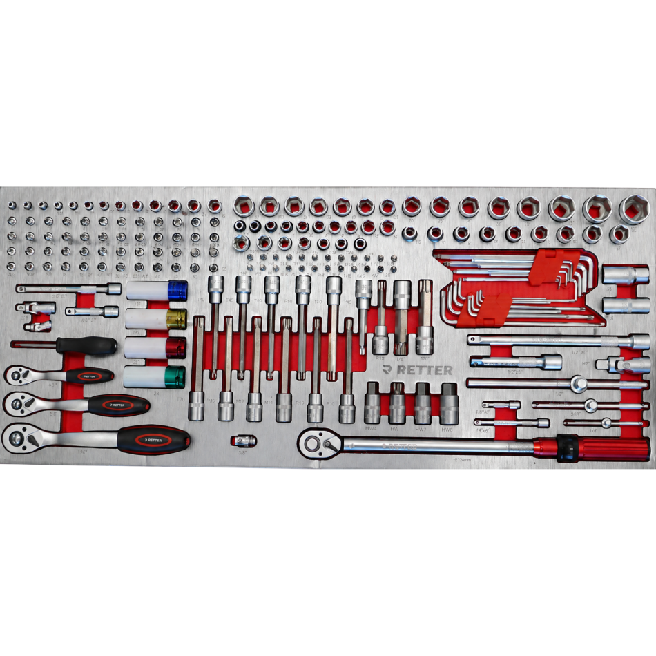 RETTER Werkzeugwagen R23 inkl. 372 Werkzeuge und VDE-Werkzeug, Alu-Einlagen, Holzplatte, 12V Akku Schlagschrauber und Akku Ratsche