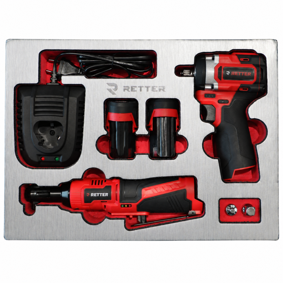 RETTER Werkzeugwagen R23 inkl. 372 Werkzeuge und VDE-Werkzeug, Alu-Einlagen, Holzplatte, 12V Akku Schlagschrauber und Akku Ratsche